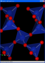 水晶中の原子配列 赤が酸素、青がケイ素原子
